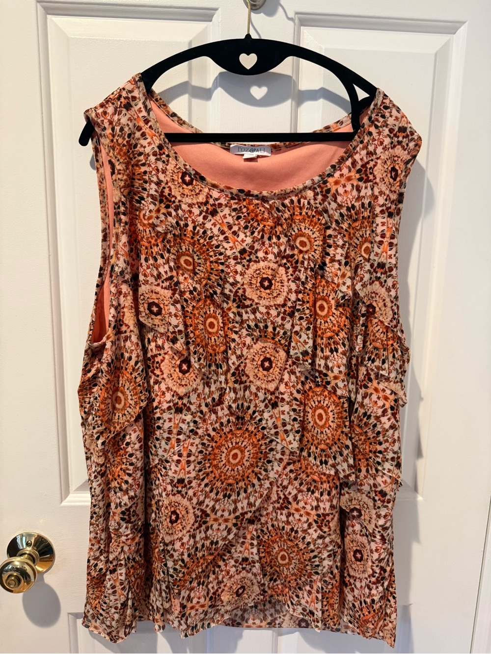 Roz & Ali Orange Medallion Ruffled Sleeveless Blouse 2X